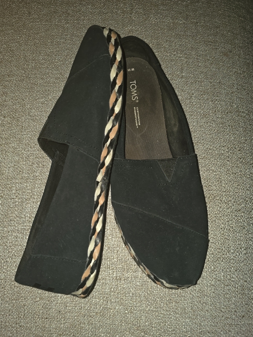 TOMS Black Slip-On Espadrilles with Braided Tan & Cream Trim